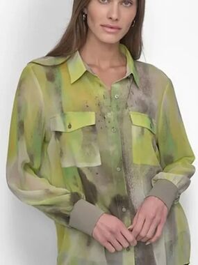 DKNY Women's Button-Front Printed Chiffon Blouse